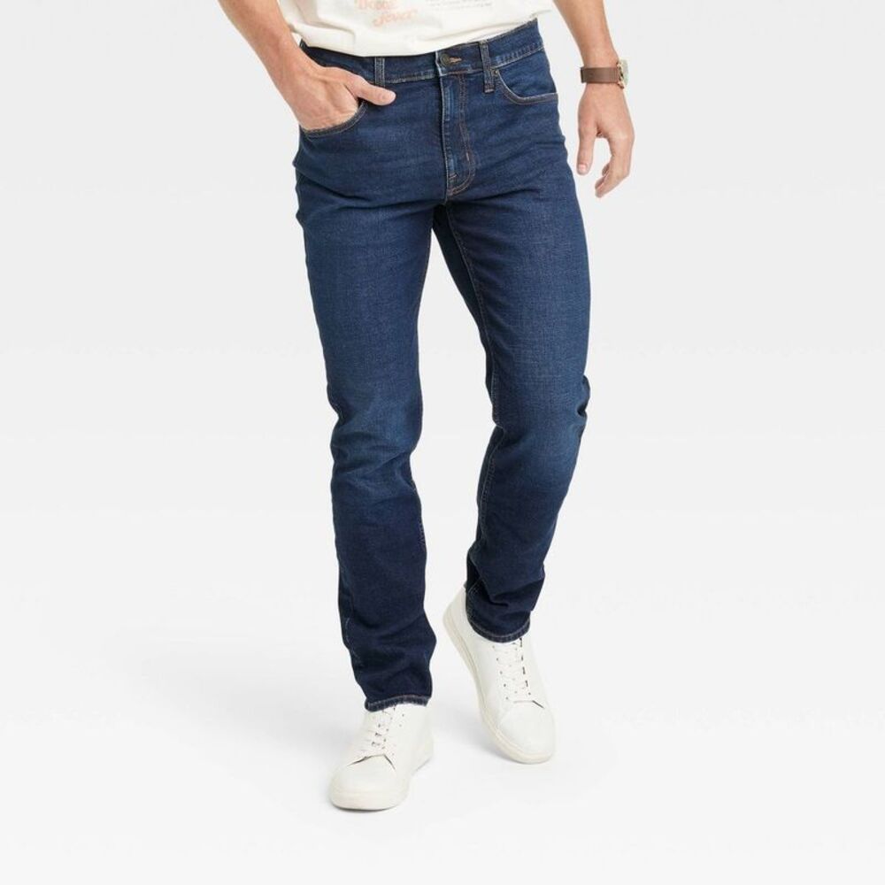 Men's Mid Rise Skinny Leg Slim Jeans Lightweight Stretch Dark Blue Denim 40x32